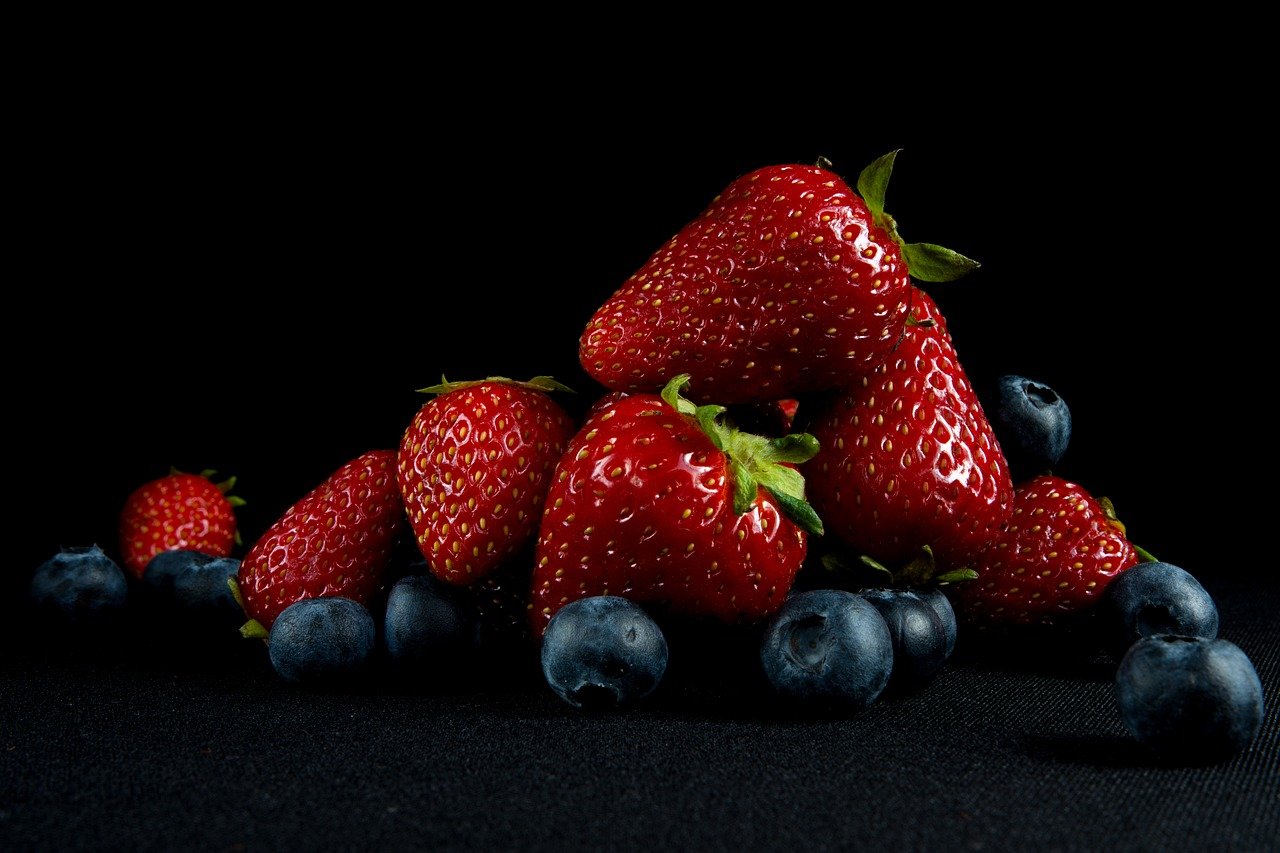 strawberries, blueberries, fruits